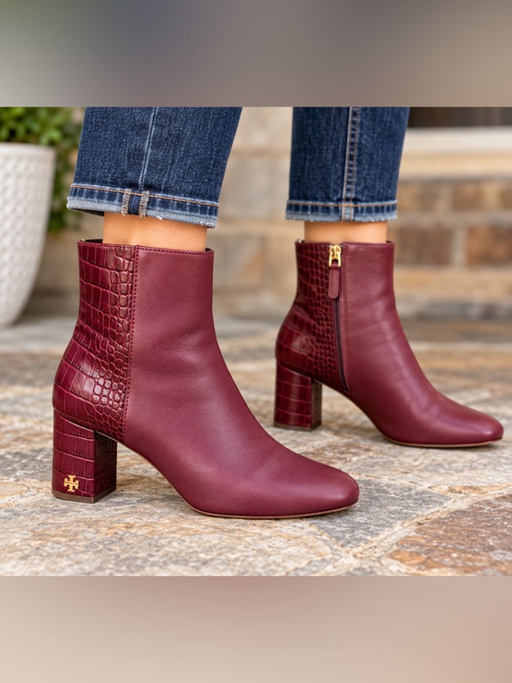 Tory Burch Burgundy Leather Croc Embossed Block Heel Ankle Boots Size 6M
